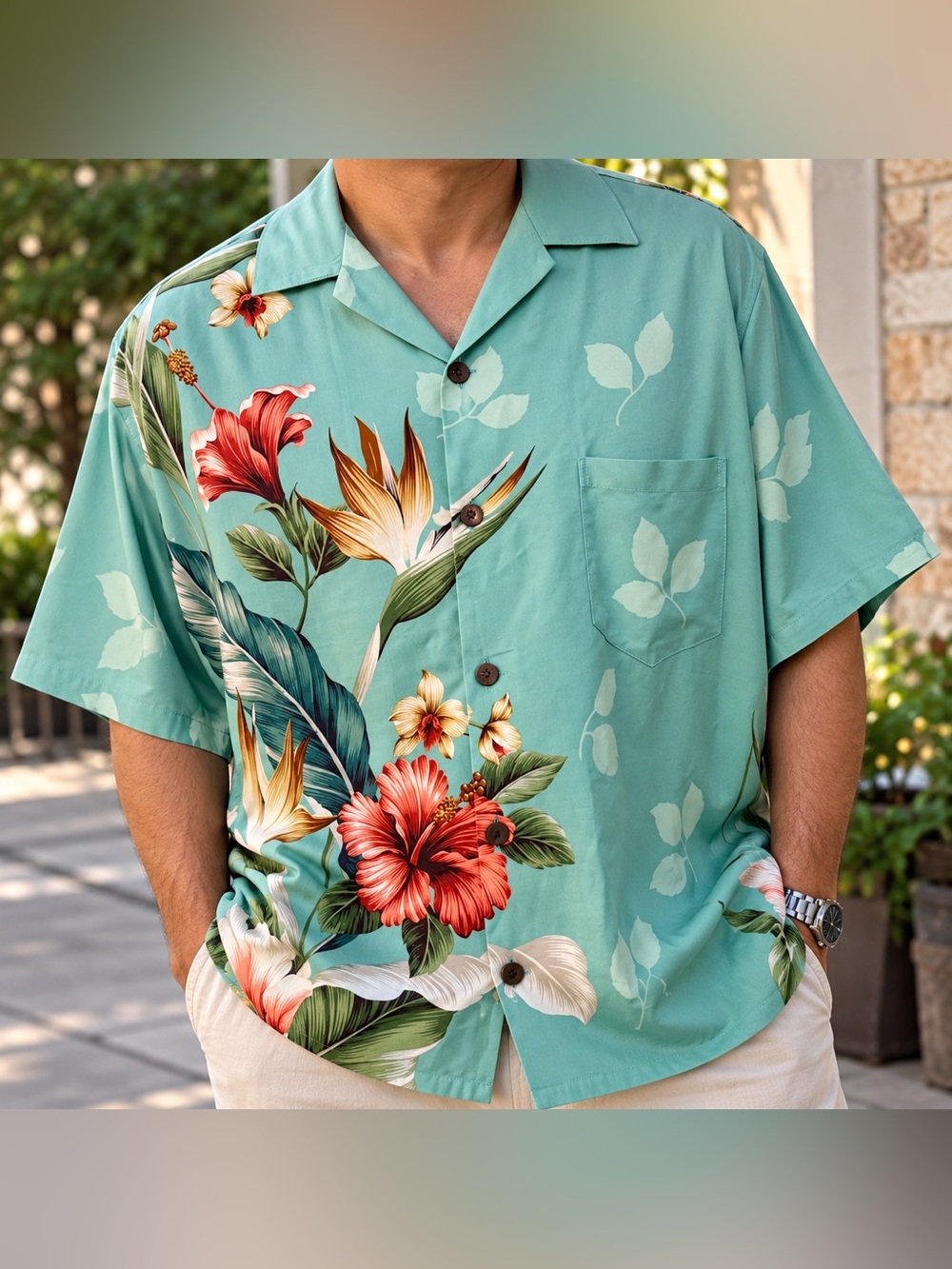 Paradise Bay Men’s XL Aqua Hawaiian Shirt Tropical Floral Button Up Aloha